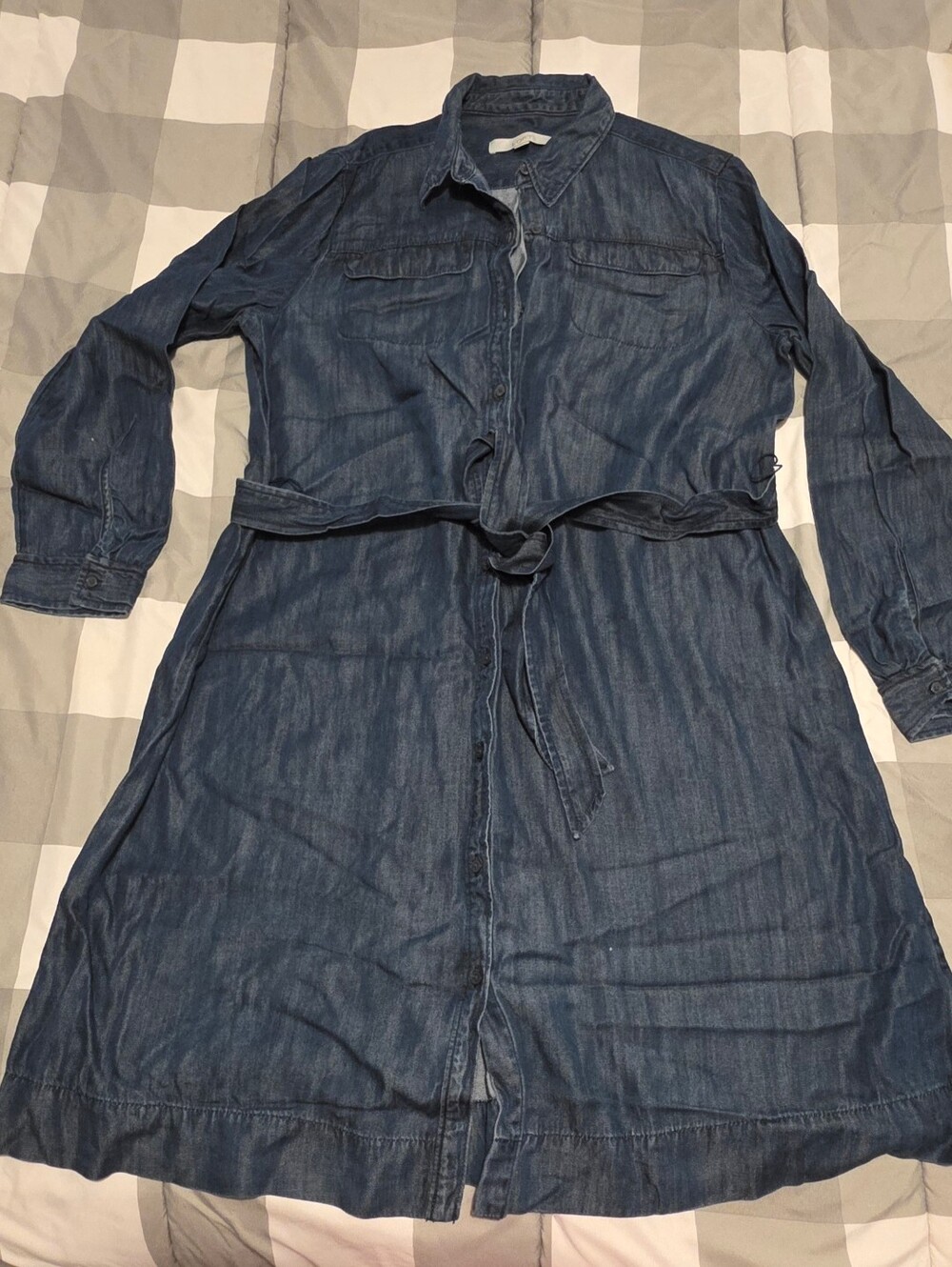 Long Sleeved Denim Shirt Dress with Waist Tie - Blue